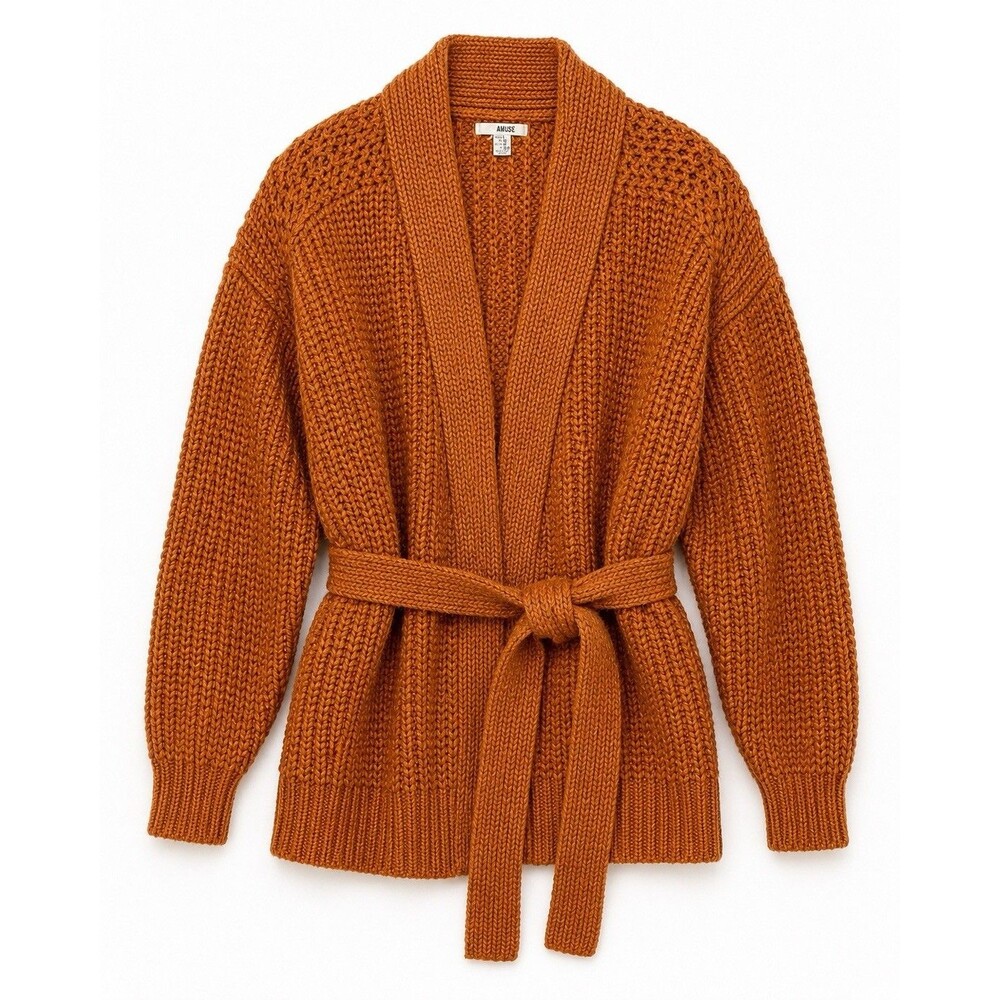 Amuse Chunky Knit Wrap Cardigan Sweater Belted Open Front Rust Orange L